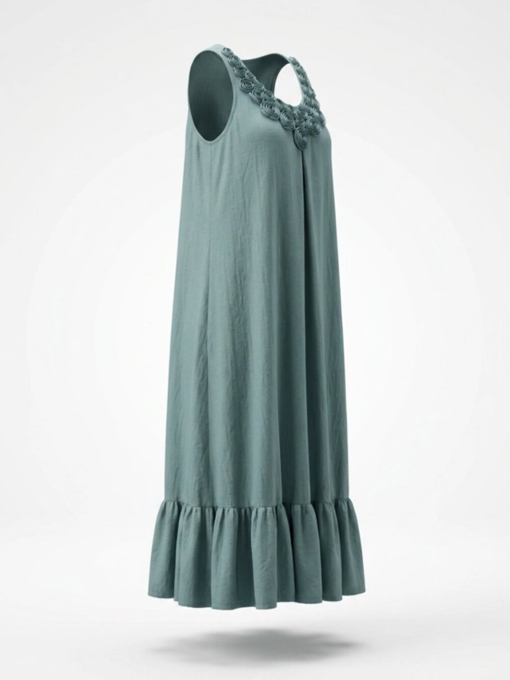 Seafoam Blue Boho Rosette Neckline Sleeveless Nightgown / Lounge Dress